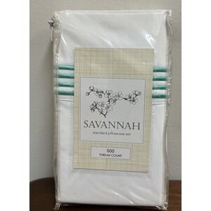 Savannah 500 TC Standard Pillowcases Cotton Blend White Green Silky Stripe NEW